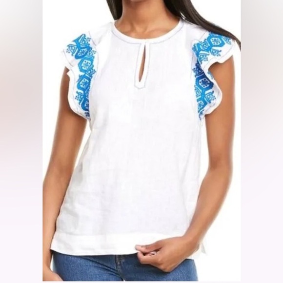 J. Crew Embroidered Linen Flutter Sleeve Top - Picture 1 of 6